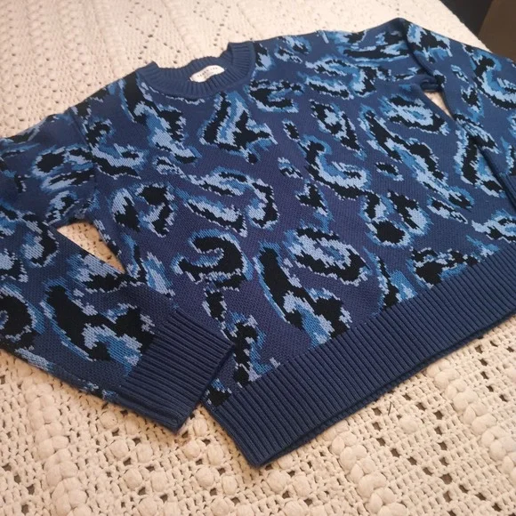 Derek‎ Lam 10 Crosby Blue Animal Print Sweater RTR Womens XL Luxury Office Prep